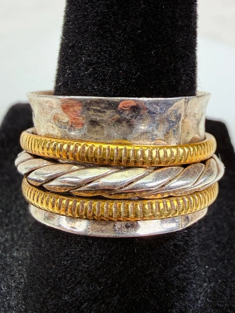 Vintage aged stamped 925 silver and bronze stone wideband spinner ring sz 7 3/4